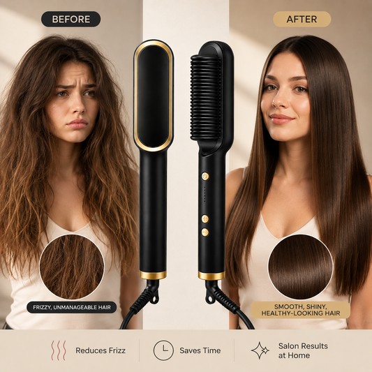 909 Hair Straightening Brush | Electric 2-in-1 Straightener & Curler | Heating Styling Comb | Quick 3-Minute Styling