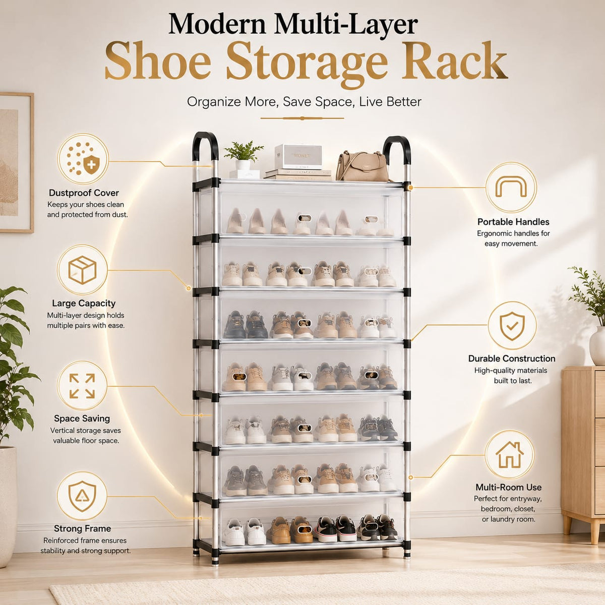 Modern Multi-Layer Shoe Storage Rack with Dustproof Cover
